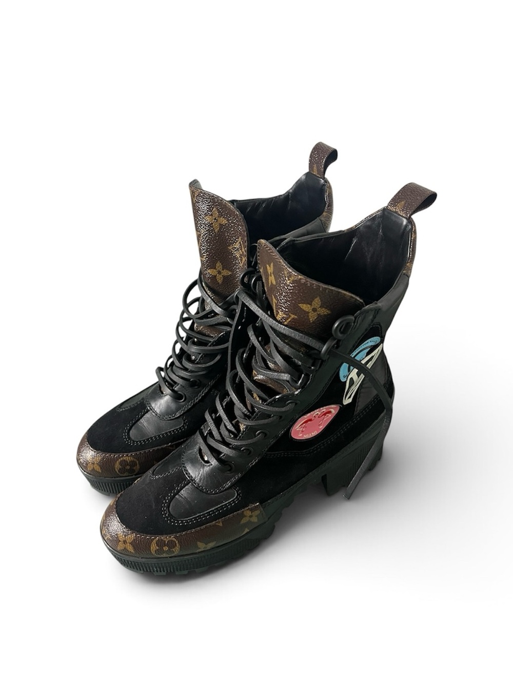 Louis Vuitton Black Leather & Brown Monogram Lace-Up Combat Boots